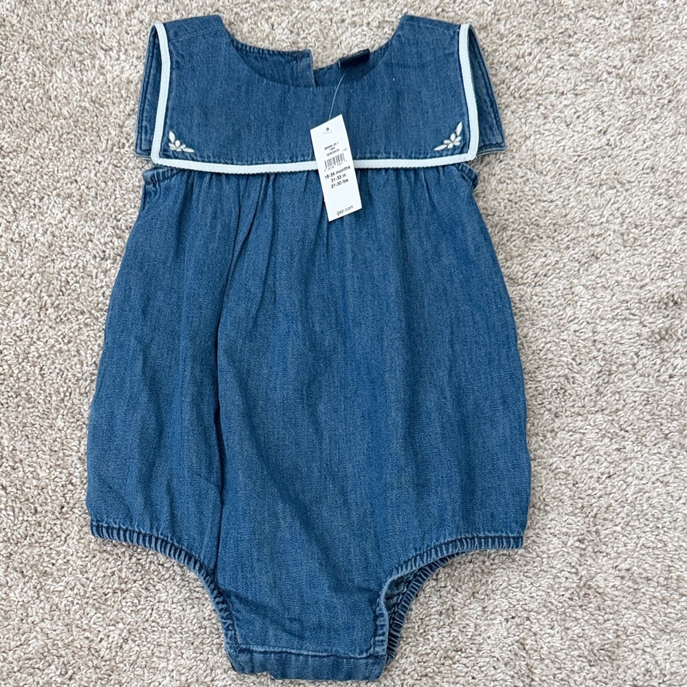 Denim Blue Baby Romper with Sailor Collar